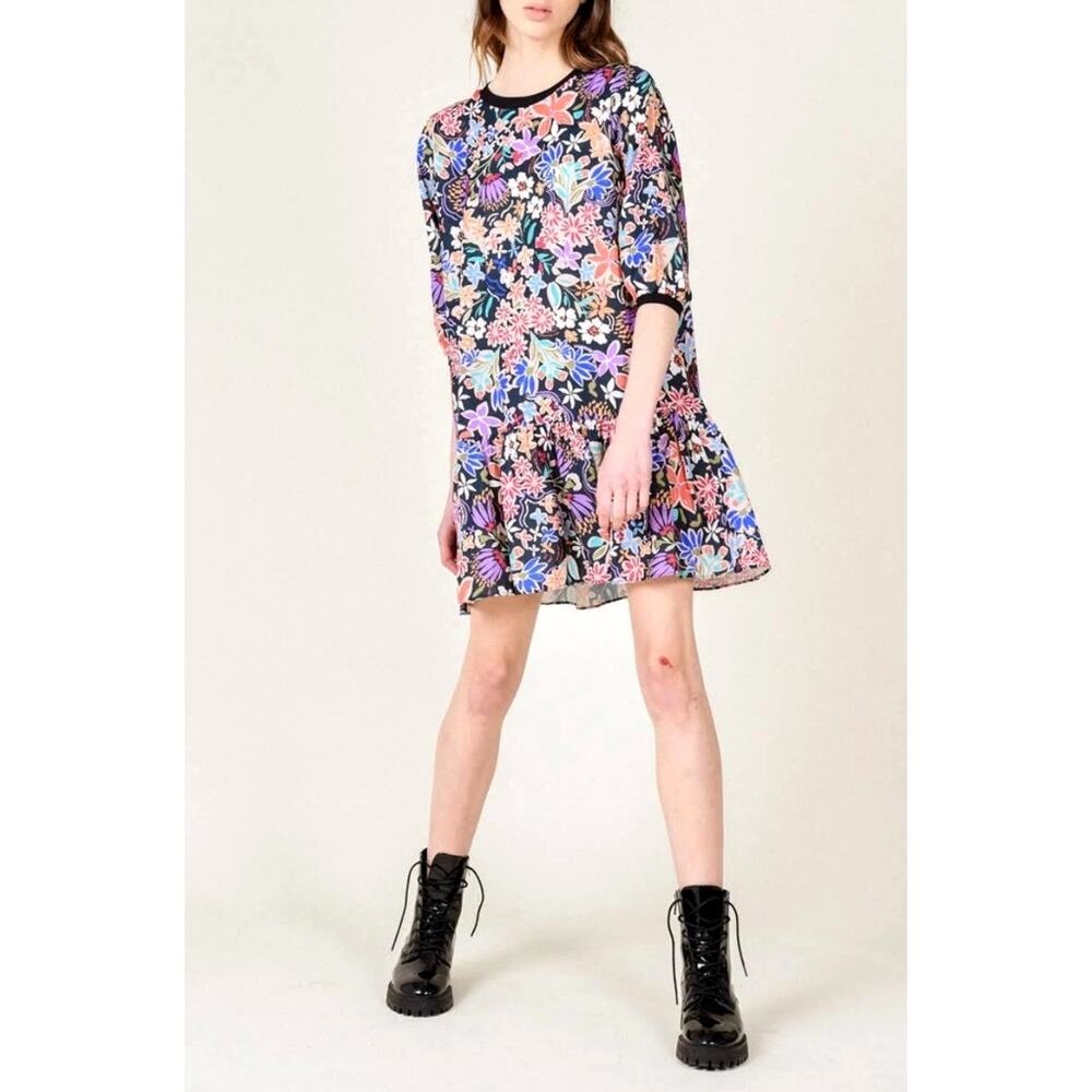 Molly Bracken Lili Sidonio Floral Ruffle Hem Drop Waist Shift Dress Black Multi - Picture 4 of 12